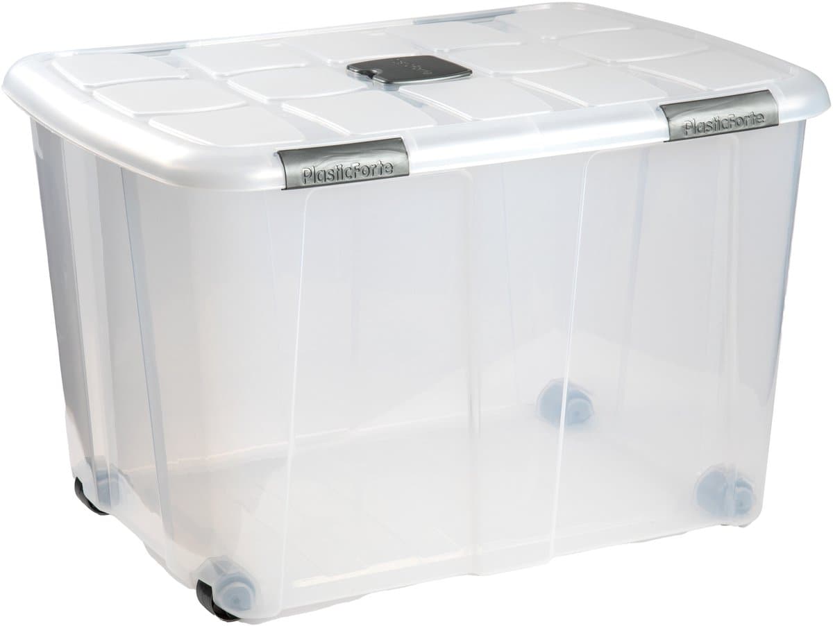Plasticforte Opslagbox - 1x stuks - met deksel - 130L - 74 x 54 x 48 cm - transparant - opbergbak - met wielen
