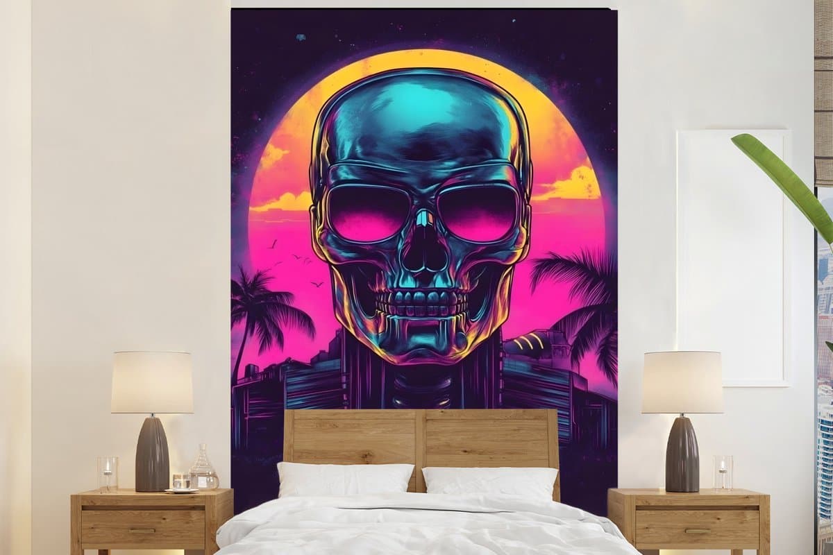 Behang - Fotobehang Palmbomen - Hoofd - Metallic - Zonsondergang - Breedte 200 cm x hoogte 300 cm