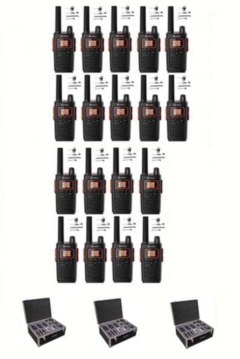 Set van 18 Cobra RX380 PMR446 portofoons IPX2 met D-shape oortje en koffer
