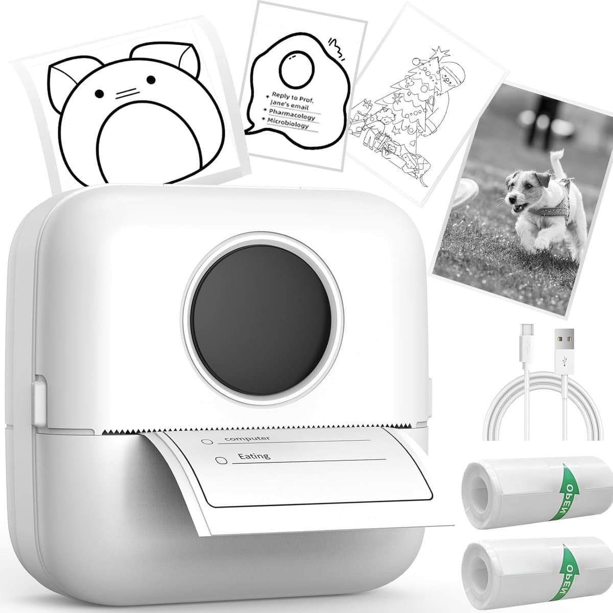 Mini thermische printer - draagbare inktloze labelprinter voor studie notities - foto's - tijdschriften - compatibel met telefoon en tablet (met 2 rollen papier)