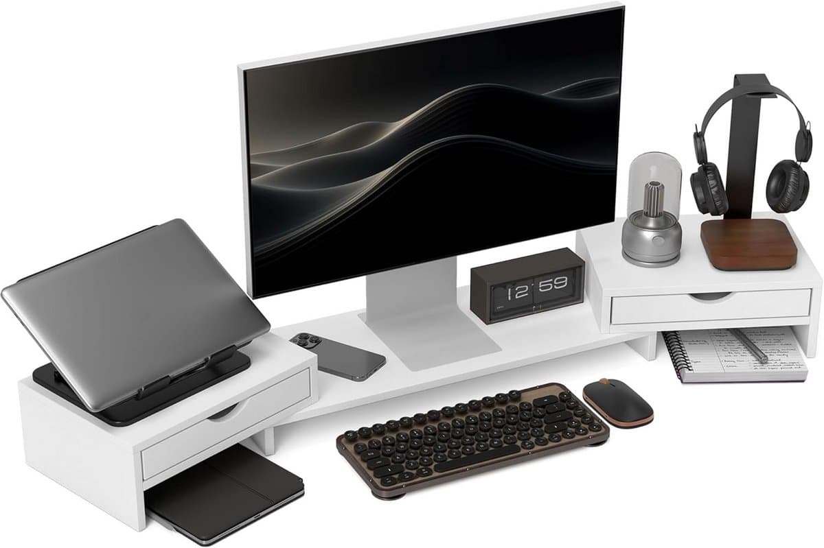 Verstelbare Monitorverhoger met Laden - Uitschuifbaar Bureau Organizer voor PC en Laptop
