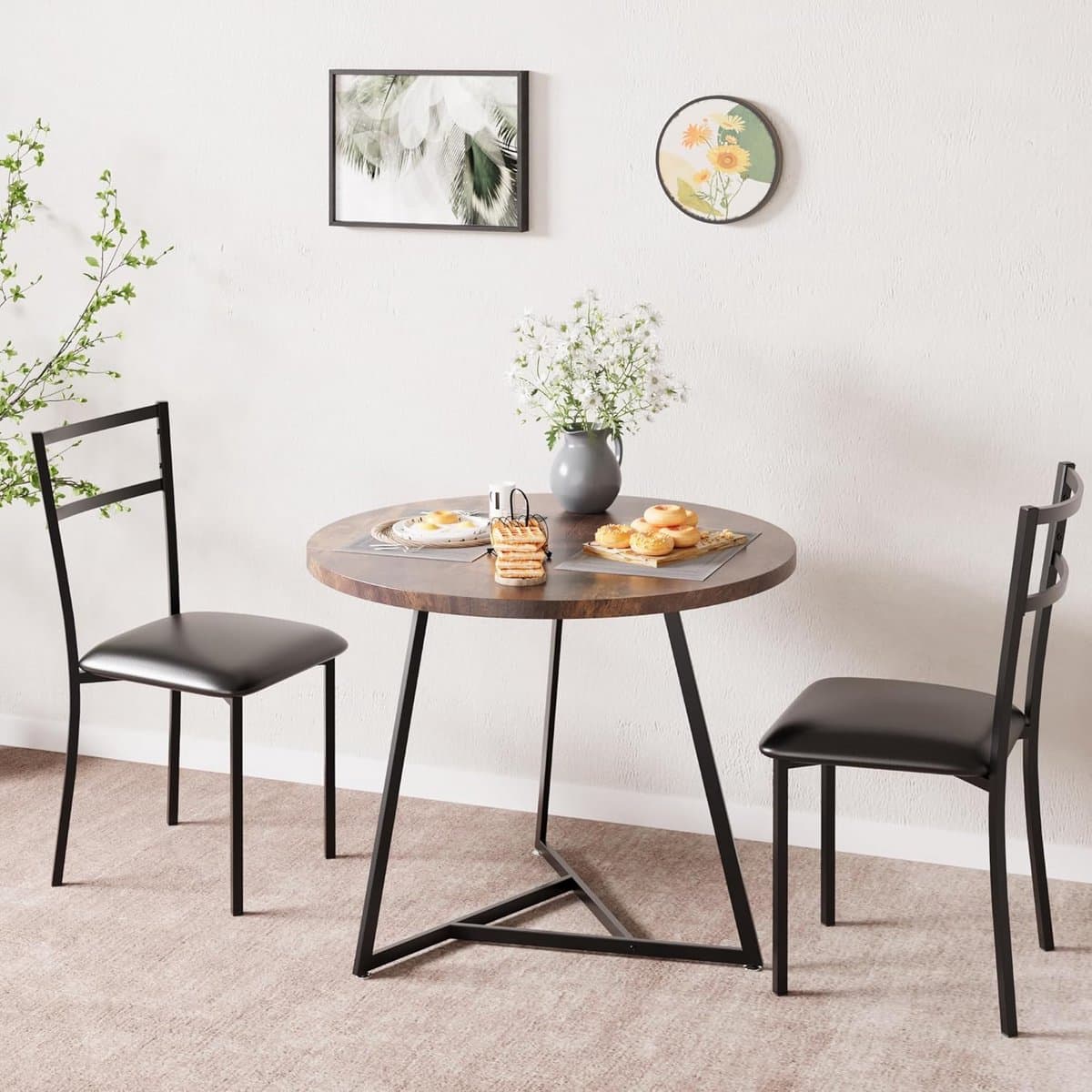 Ronde Eettafelset voor 2 Personen met Gestoffeerde Stoelen - Compact Keukentafelset