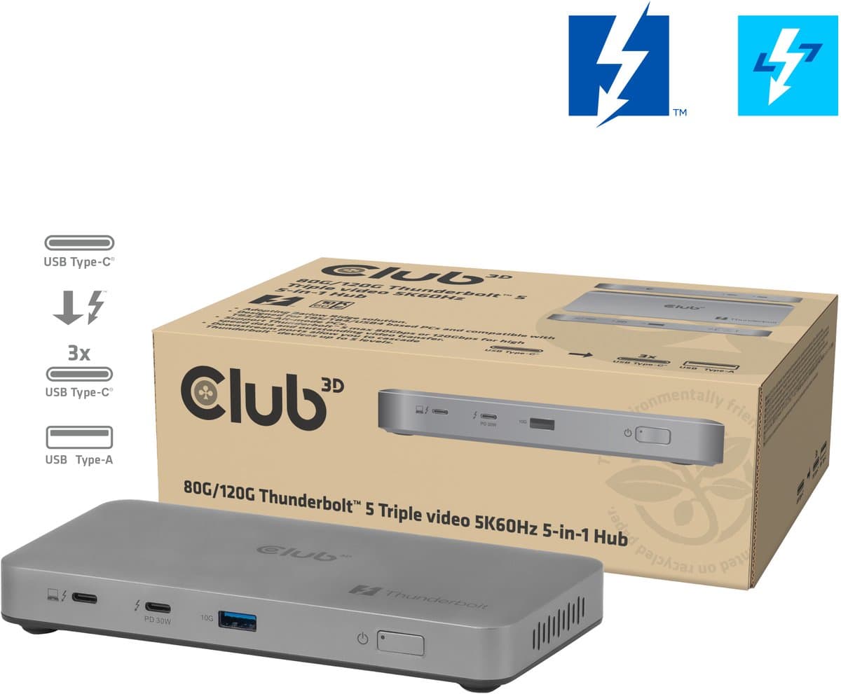 Club 3D 5-1 Thunderbolt™ 5 Hub Triple video 5K60Hz Thunderbolt™ Share Certified 180W