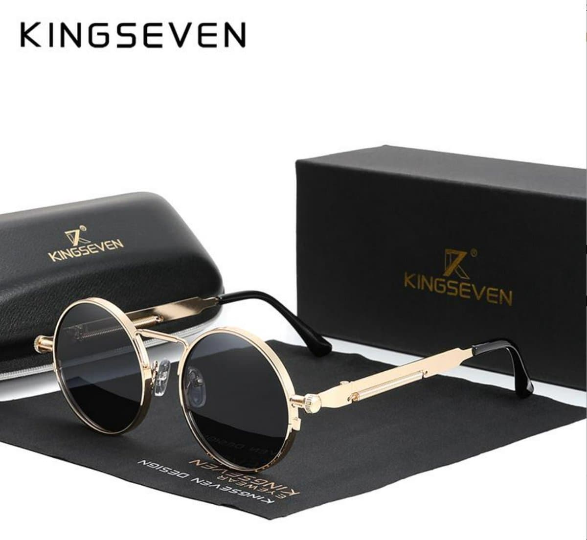 Kingseven Zonnebril - Zwarte Spiegelglazen - Rond Goud Montuur - Retro Steampunk Heren - N7579