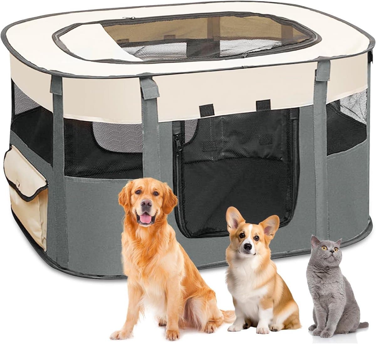 Vouwbare Hondenren voor Puppies, Poortje voor Puppy's, Draagbare Huisdierren voor Binnen, voor Honden, Katten en Konijnen, 80 x 60 x 55 cm, Grijs