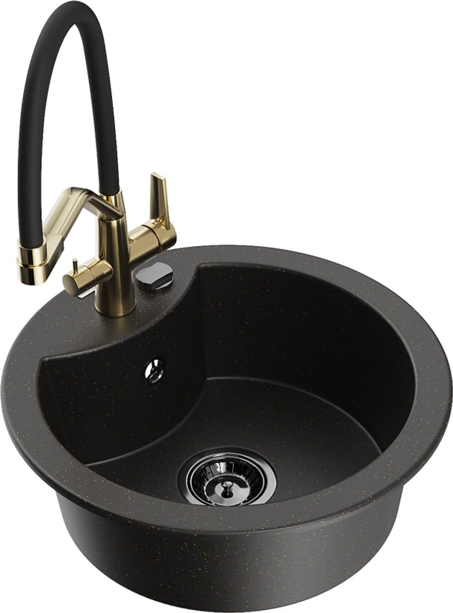 Mexen Diego granieten spoelbak 1-kamerig met keukenmengkraan Duo, zwart/goud metallic - 6512-75-671701-57-B