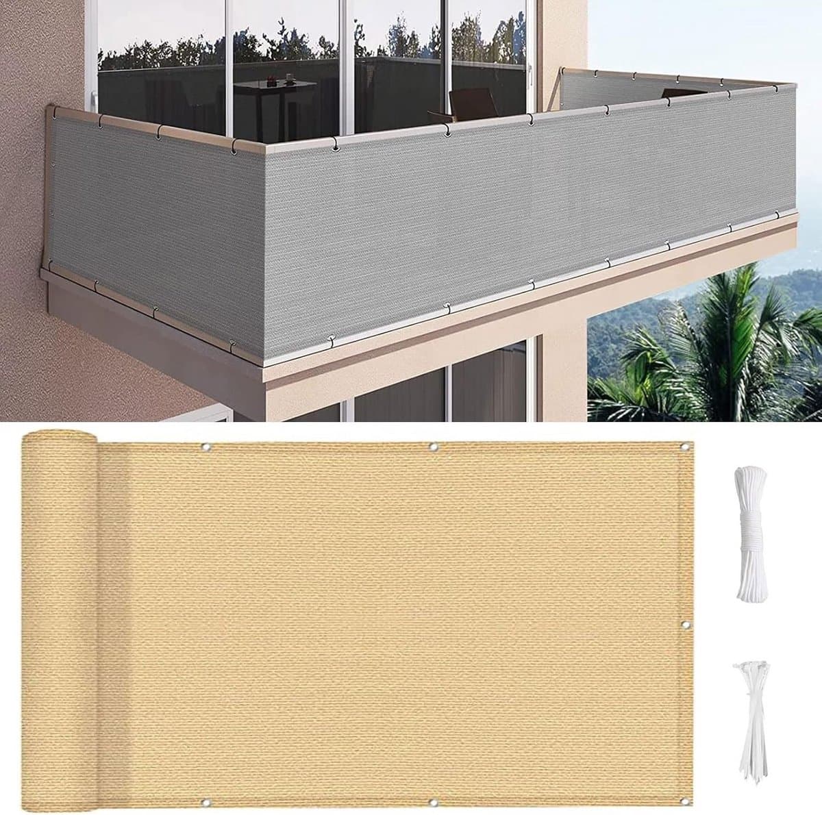 Tuinscherm Balkonprivacy Zonwering 115 x 500cm UV-bestendig Zandgeel met Bevestigingsmateriaal