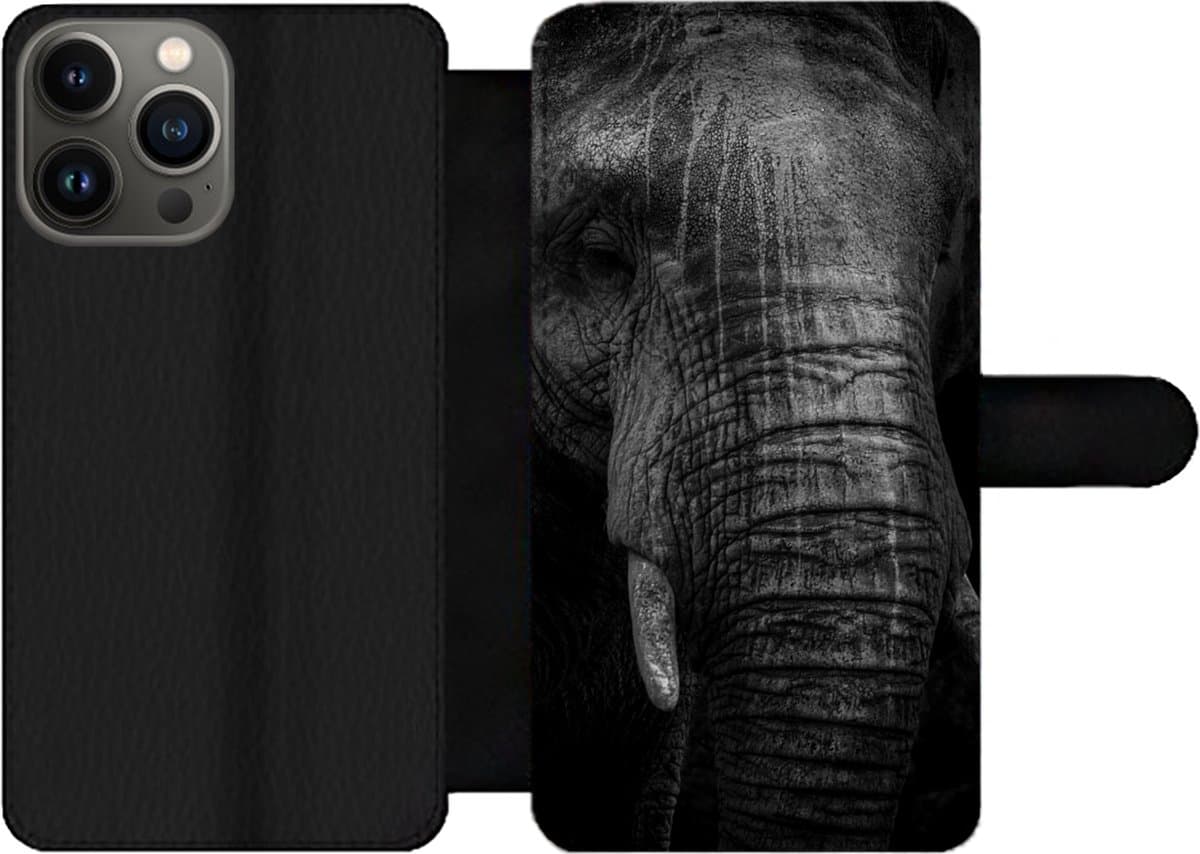 Telefoonhoesje Geschikt voor iPhone 13 Pro Max telefoonhoesje - Olifant op zwarte achtergrond in zwart-wit - Met vakjes - Wallet case met magneetsluiting