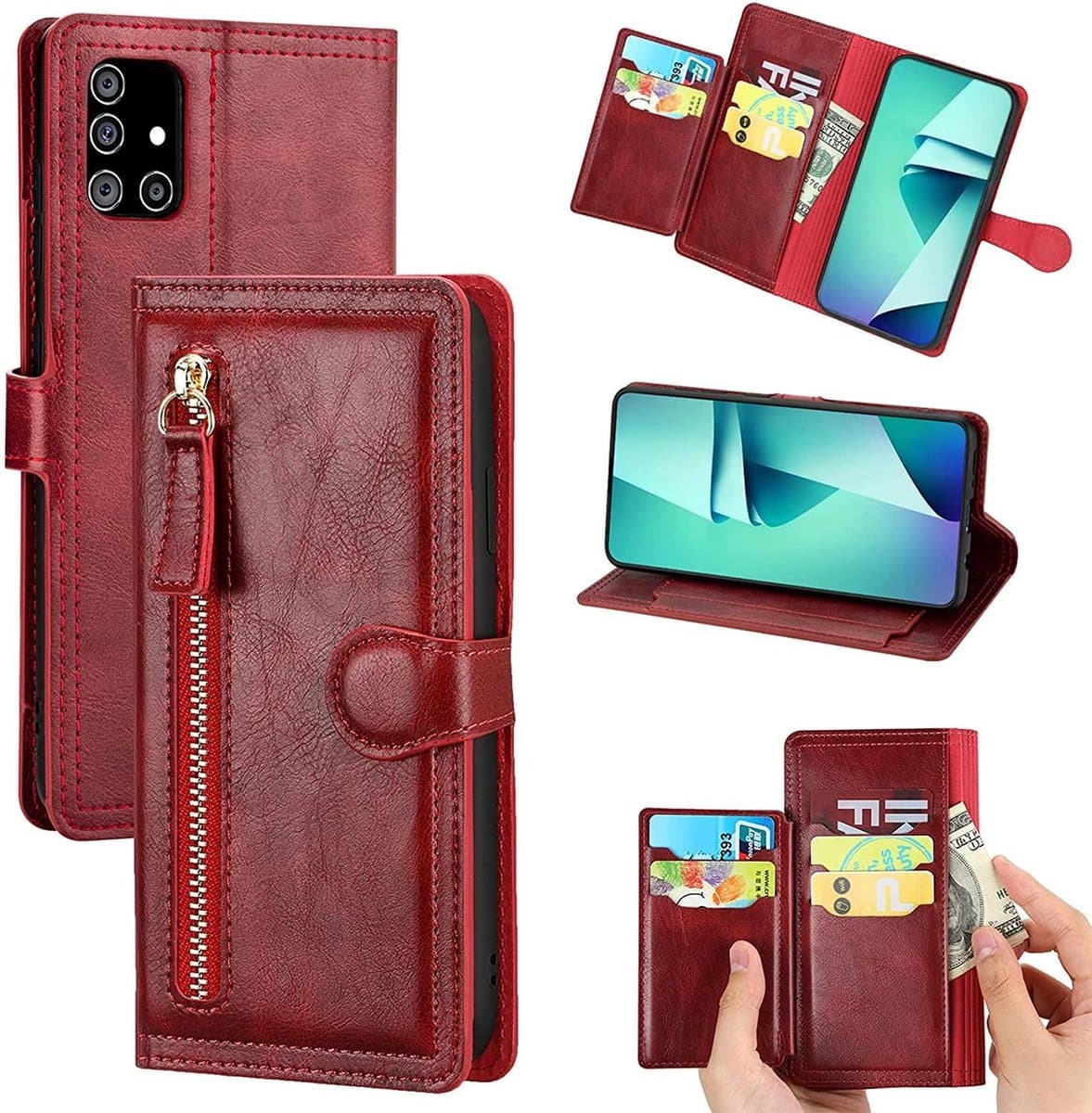 Bookcase Geschikt voor: Samsung Galaxy A02s met ritssluiting - Flipcover - Magnetisch - 5 kaarten houder - Rood