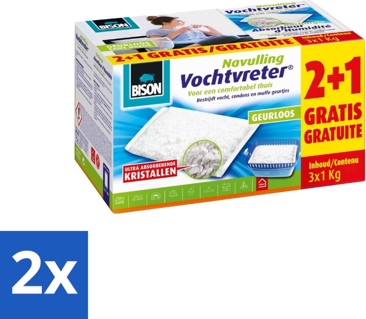 Bison - Original - Vochtvreter - Navulzak - 1 KG - 3 stuks per verpakking - Geurloos - Voordeelverpakking - 2 stuks