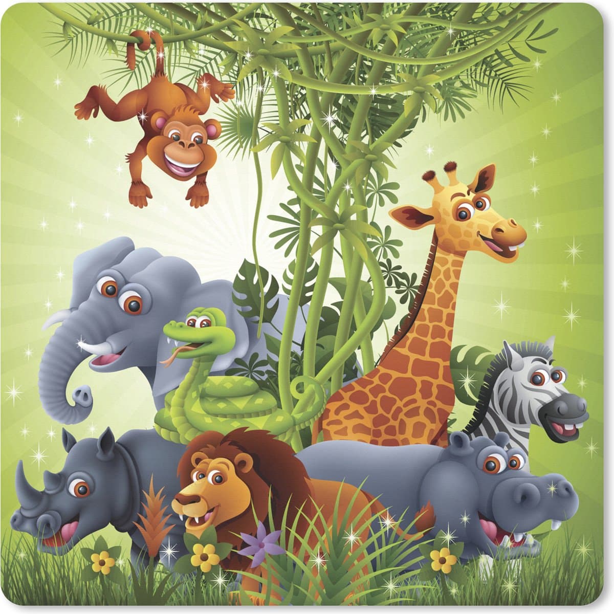 Muismat XXL 60x60 cm - Bureau onderlegger - Bureau mat Jungle dieren - Planten - Kinderen - Olifant - Giraf - Leeuw - Bureaumat - Gaming mousepad xl - Bureaulegger groot - Computer deskmat