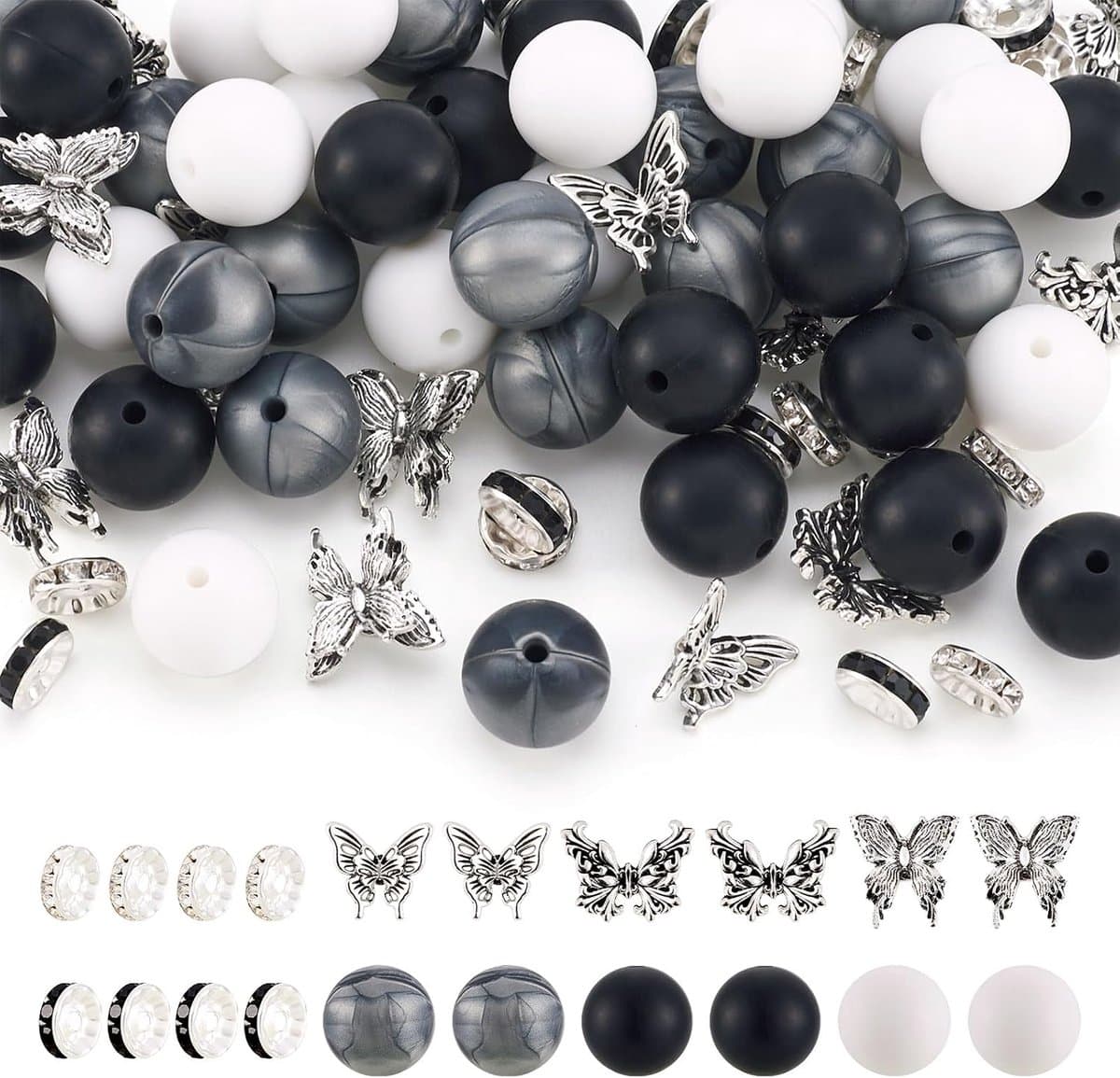 Siliconen kralen set 80-delig - ronde rubberen kralen - platte rhinestone spacers - perfect voor sieraden maken - ShopVlot