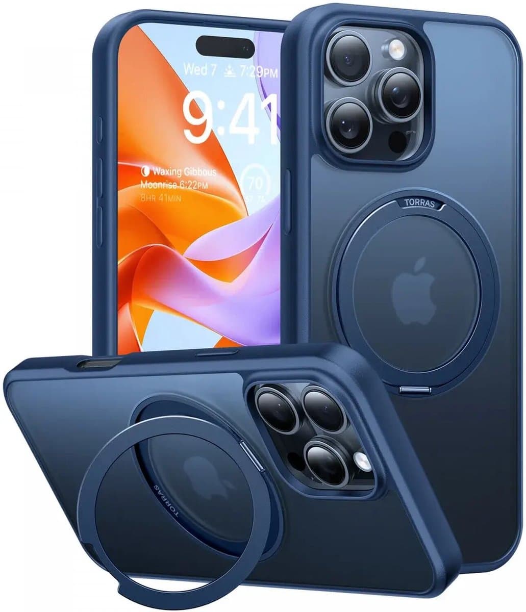 TORRAS Hoesje Geschikt voor Apple iPhone 16 Pro Max - UPro Ostand Pro - Compatibel met MagSafe - Back Cover met Magneet - 360° Draaibare Ring Standaard - Blauw