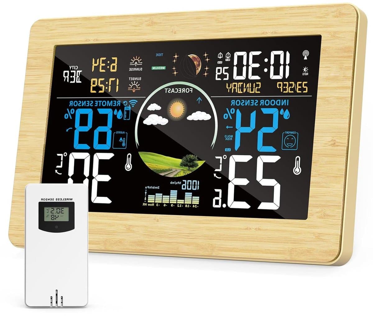 Weerstation met Sensor - Buitensensor Kleurendisplay - Binnen Klimaat - 4 Zones Monitoring - 7.5 Inch Scherm - Zwart
