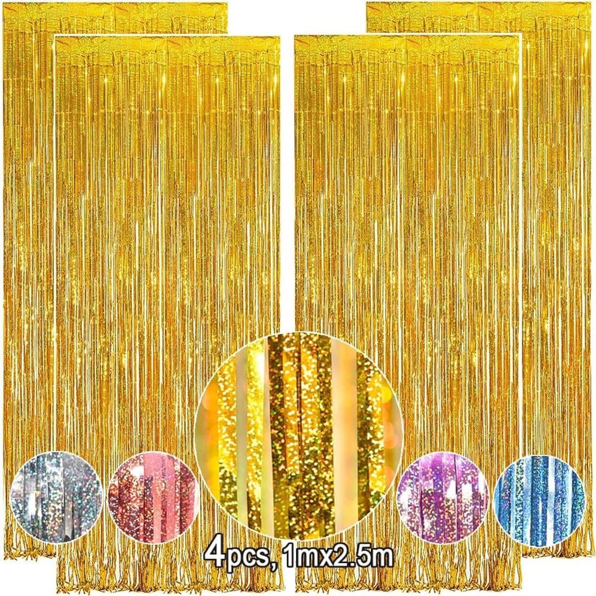 4 Pack Verdikte Metallic Folie Gordijnen Laser Rose Goud/Lichtblauw/Goud/Lichtroze 1X2.5m/4x2.5ft Glitter Tinsel Fringe Gordijn Party Streamer Achtergrond Decoraties (Goud)