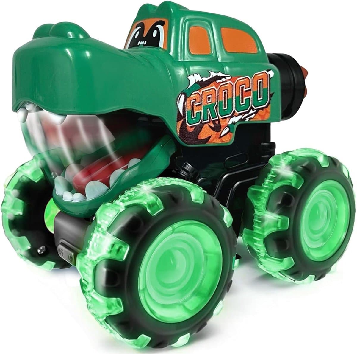 COOAU - Monstertruck Speelgoed met Happende Mond & Licht - Opwindtruck - Druk en Rijdende Auto - Perfect Cadeau voor Jongens 3-8 Jaar - Kinderspeelgoed - Groen-Krokodil