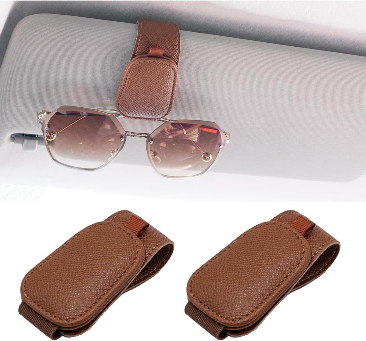 Zonnebrilhouder Auto - Brillenclip Organizer - Veilig Bril Opbergen - Magnetische Leeromwikkeling - 2 stuks - Bruin