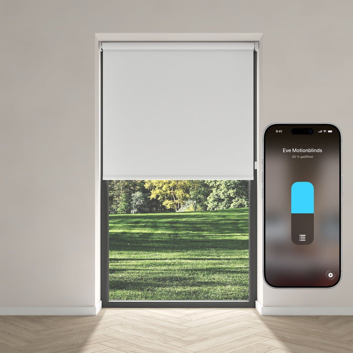 Eve Motionblinds (Matter) - Slim elektrisch rolgordijn voor binnen, app-/spraakbediening, schema's, verduisterend, oplaadbare accu, vrijhangend, schroefmontage, automatiseringen, vereist een hub, wit - 90x190cm