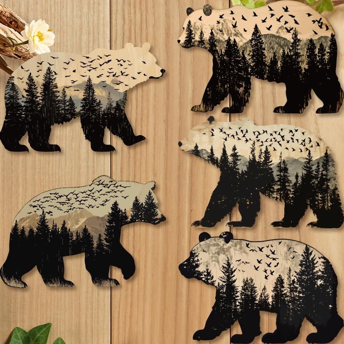 Dailygoods - Set van 5 Houten Muurdecoraties met Dierenmotief
