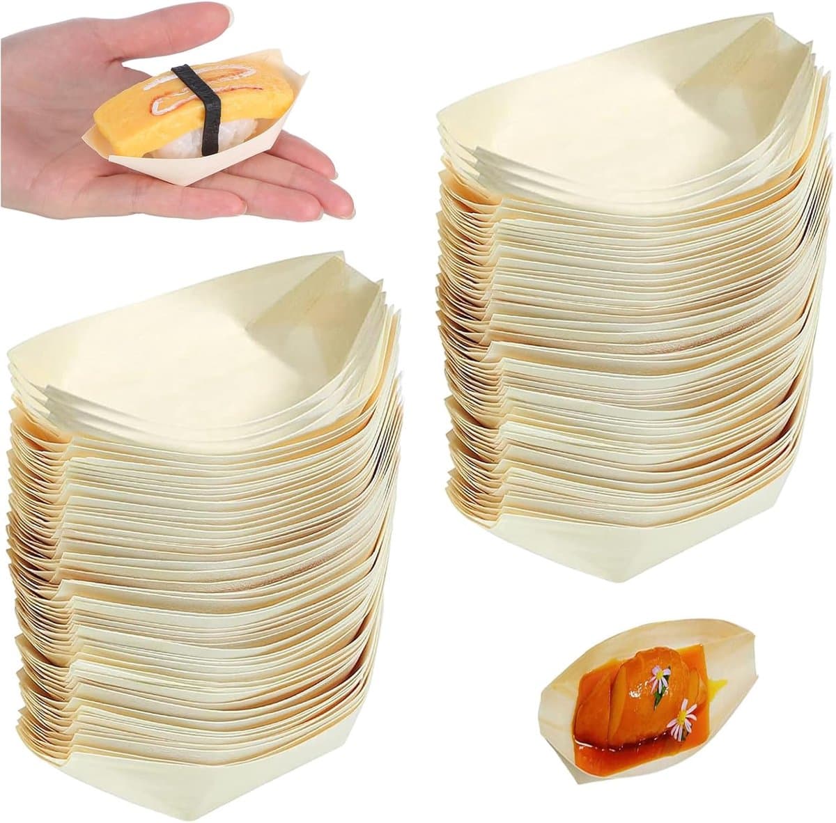 houten boten, 100 stuks houten bootgerechten voor sushi-snacks en feestvoeding, dennenhout, mini-bootborden, 7,5 cm kleine voedselgerechten, ideaal voor bruiloften, catering en