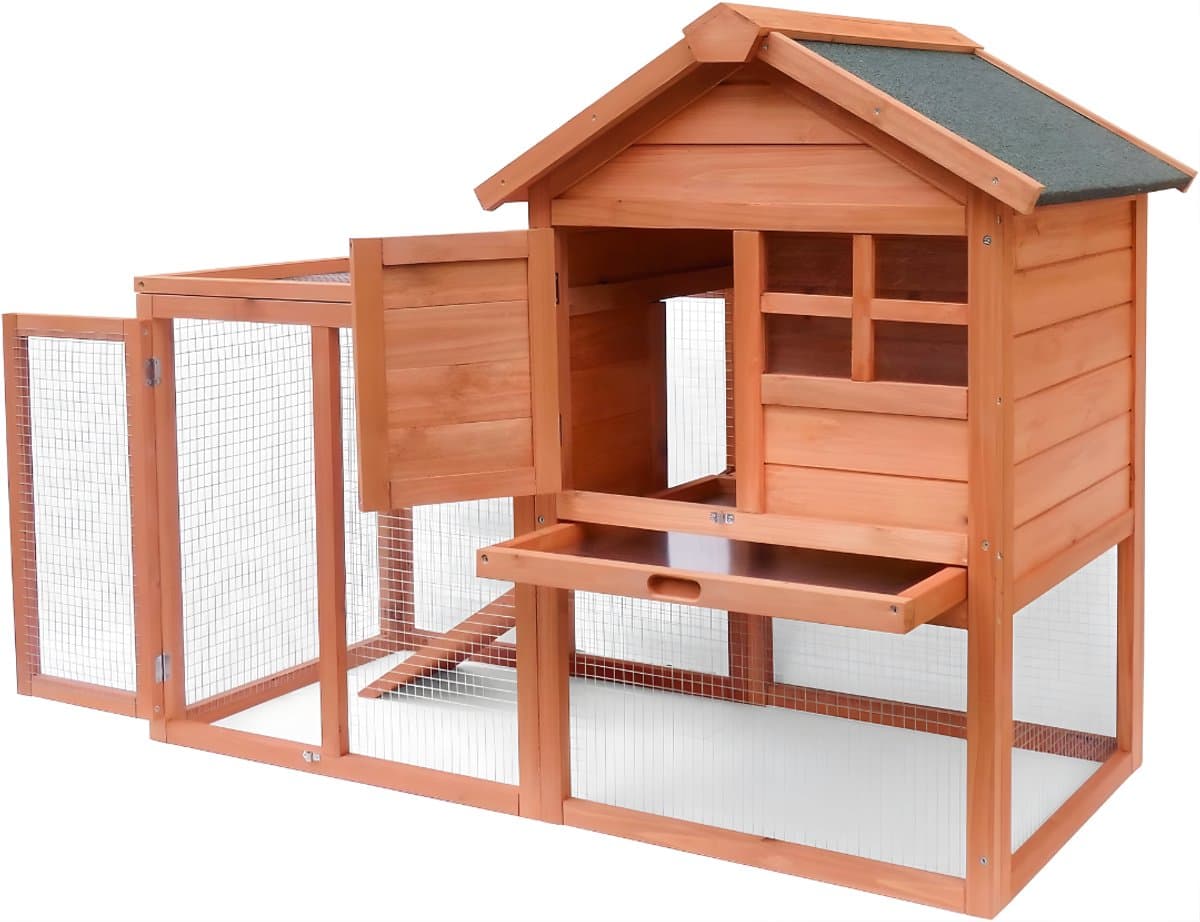 KIRA® Kippenhok Met Ren - 2 Niveaus - Kippenren - Kippenhok - Bruin - 122cm x 53cm x 92cm