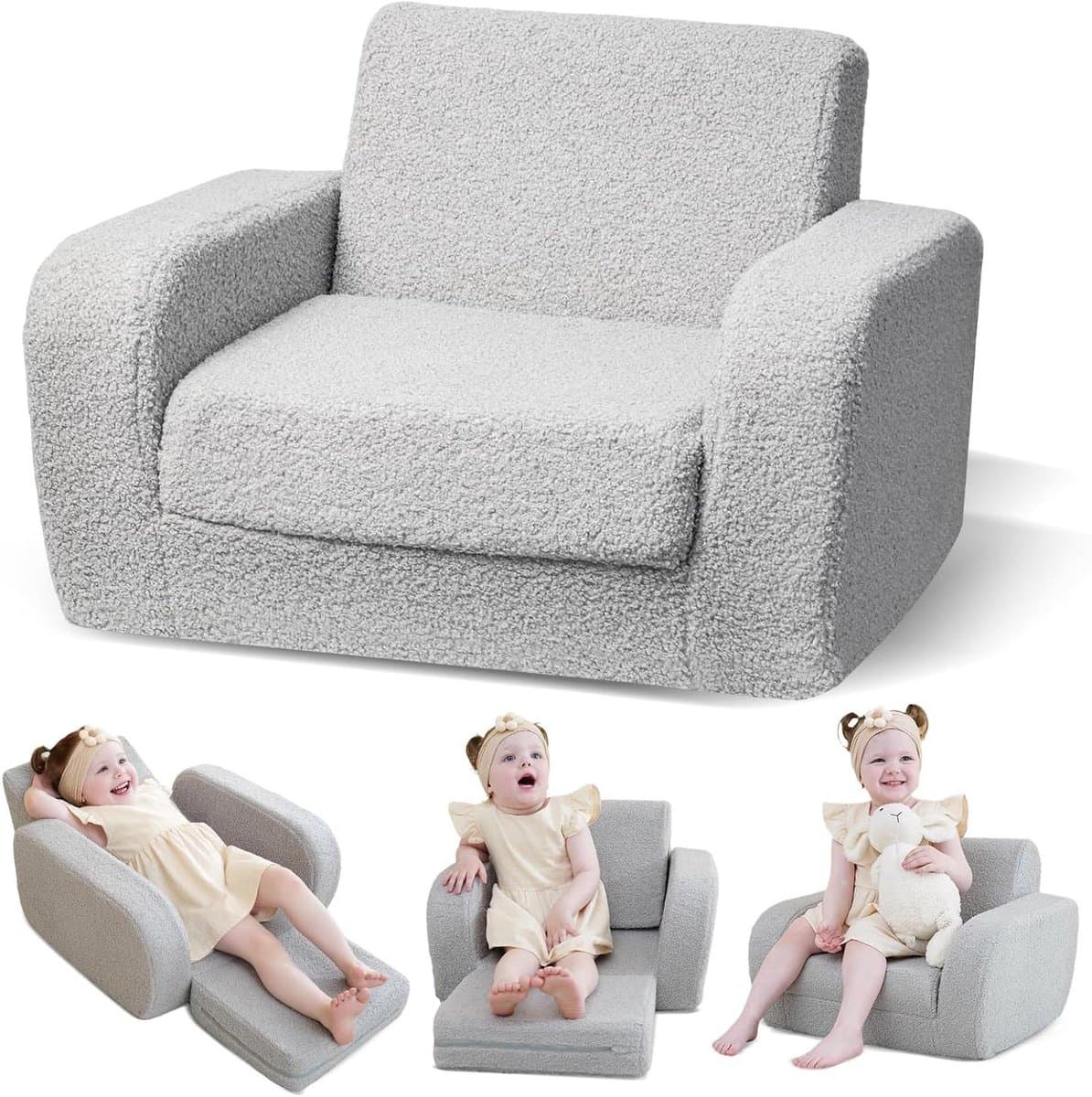 Kinder Slaapbank - Fauteuil Peuters - Kind Ontspanning - 3-in-1 Multifunctioneel - 91 x 25 x 52 cm - Grijs