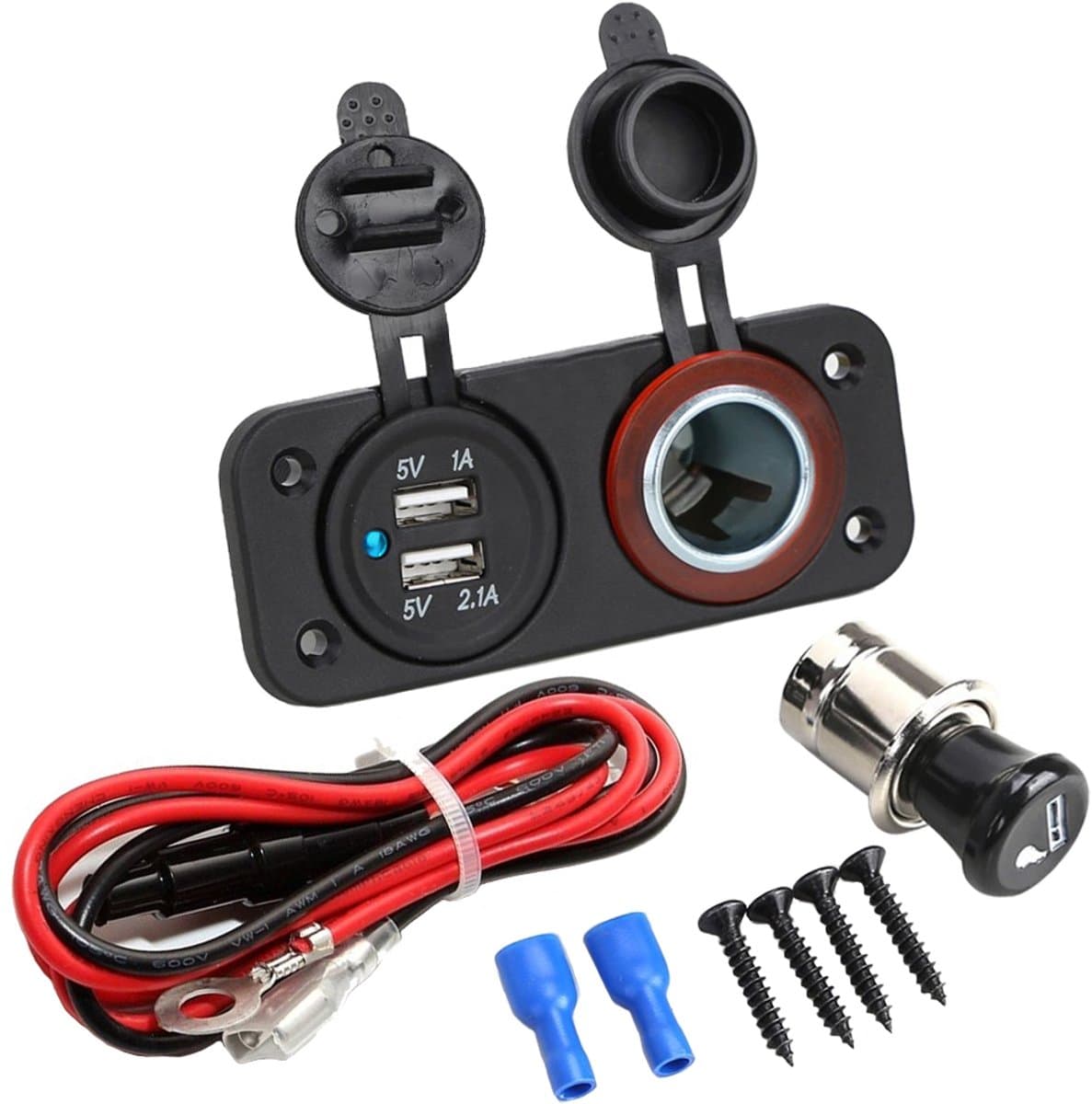 MMOBIEL Universele Waterdichte 2 Gaten Paneel - Duo USB Oplader - inclusief Blauwe LED Indicator +  Bedrading en Aansluiting - Geschikt voor vrijwel ieder Voertuig