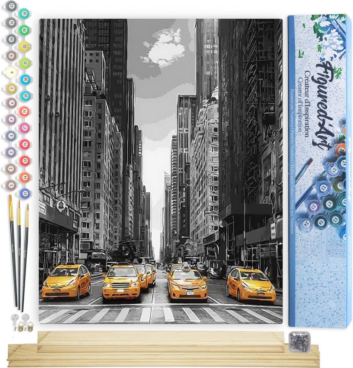 Figured'Art Schilderen op Nummer Volwassenen canvas Moderne stad en gele taxi's - Handwerk acrylverf Kit DIY Compleet - 40x50cm met DIY houten lijst