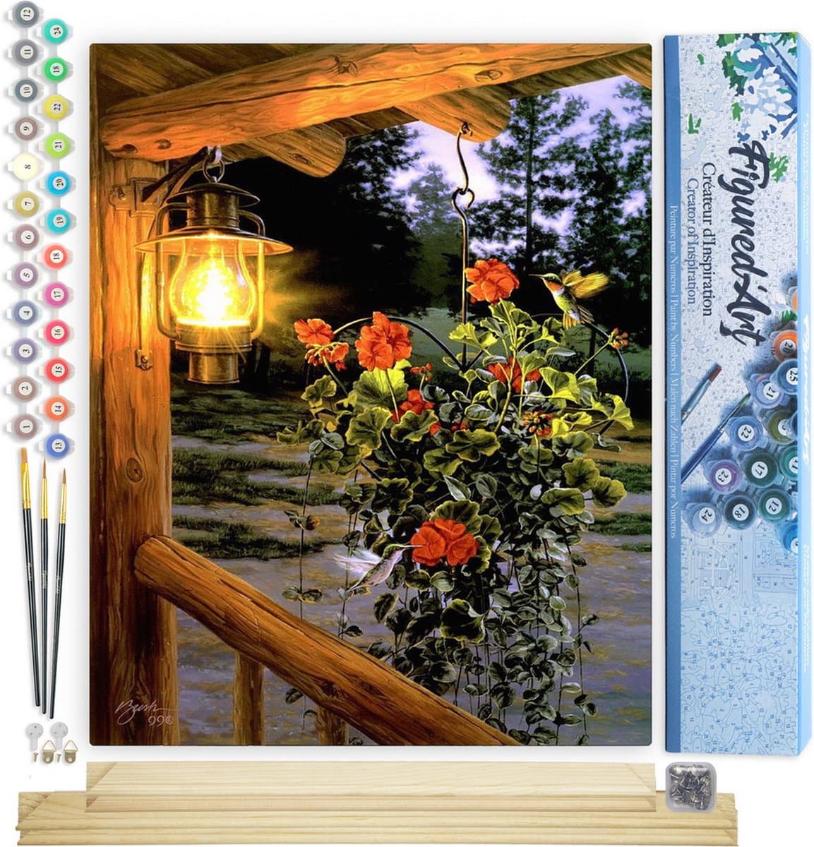 Figured'Art Schilderen op Nummer Volwassenen canvas Lantaarn onder de veranda - Handwerk acrylverf Kit DIY Compleet - 40x50cm met DIY houten lijst