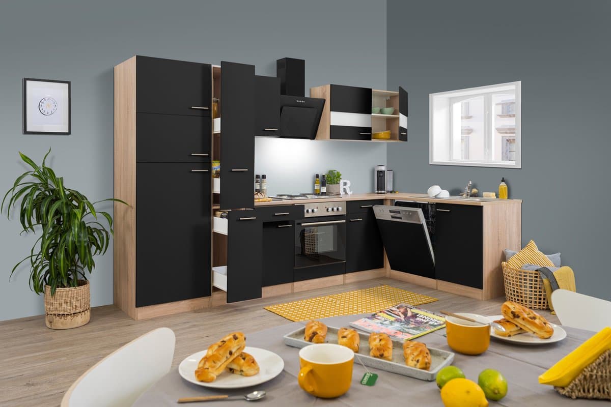 Hoekkeuken 310 cm - complete keuken met apparatuur Merle - Eiken/Wit - soft close - keramische kookplaat - vaatwasser - afzuigkap - oven - spoelbak