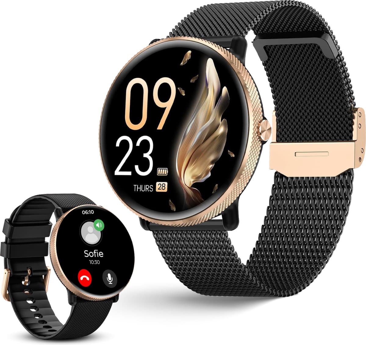 DynaBright AMOLED Smartwatch Dames en Heren - 1x RVS en 1x Siliconen Bandje - Zwart en Goud - Geschikt voor iOS (Apple) & Android - Stappenteller en Hartslagmeter