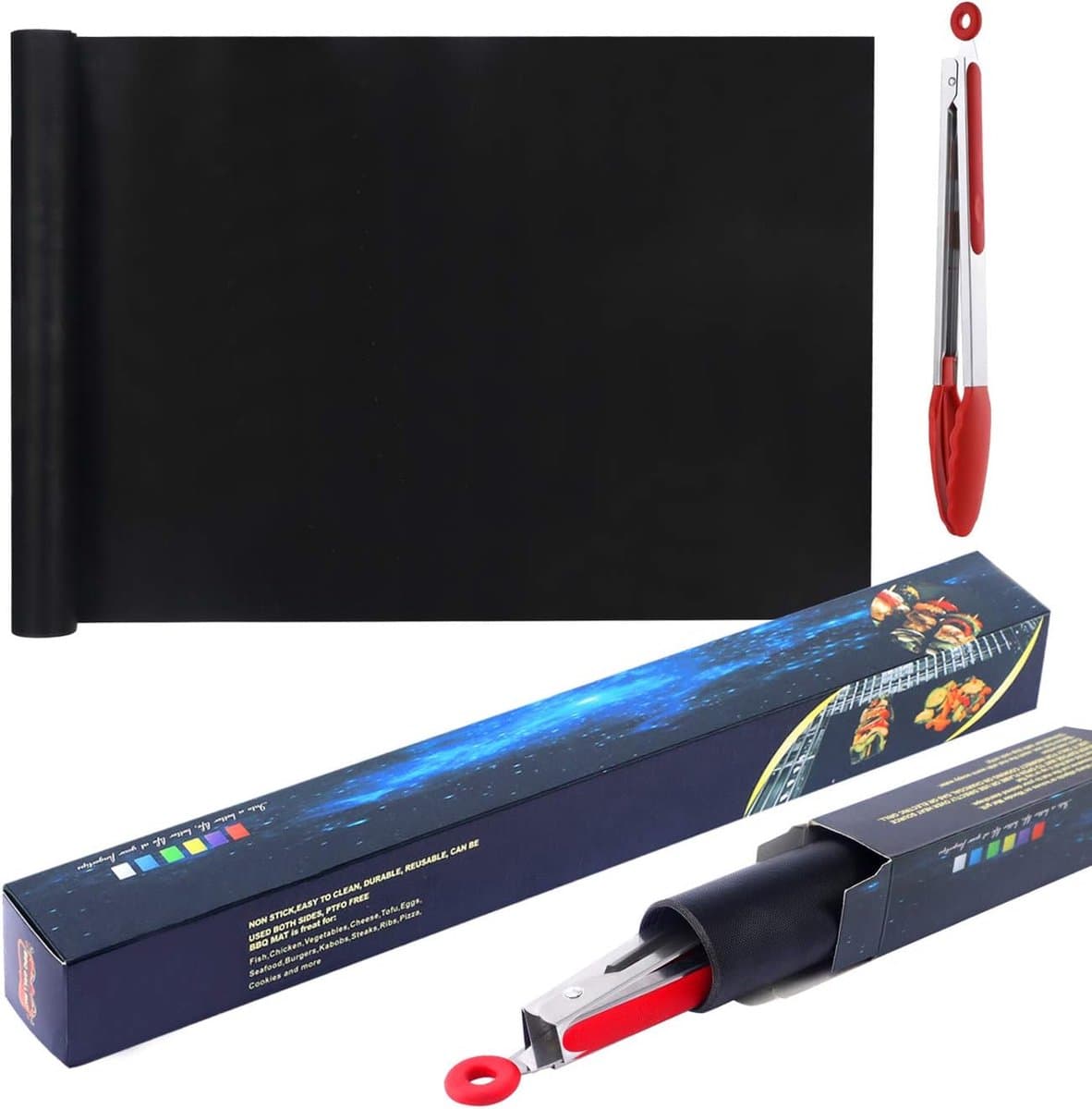 BBQ-grillmat voor gasbarbecue, 180 x 40 cm, bakmat, bakfolie, herbruikbaar, anti-aanbaklaag, Teflon-grillmatten met griitang, zwart,
