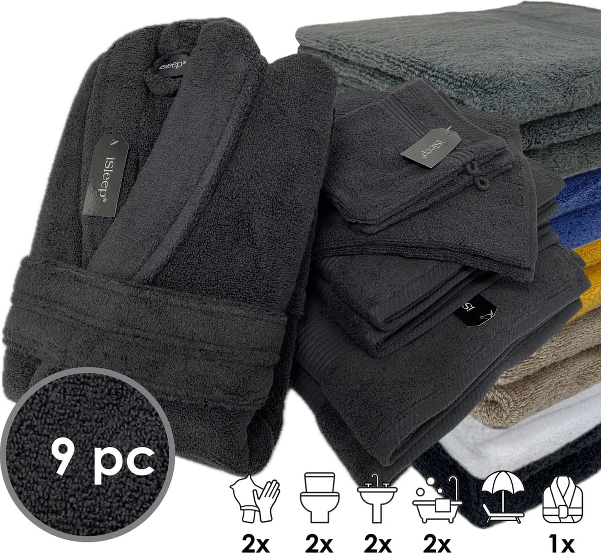 iSleep Terry Badtextiel - Voordeelset (9 delig) - 1x Badjas - Maat L - 2x Washandje 16x22 cm - 2x Gastendoekje 30x50 cm - 2x Handdoek 60x110 cm - 2x Badlaken 70x140 cm - Zwart
