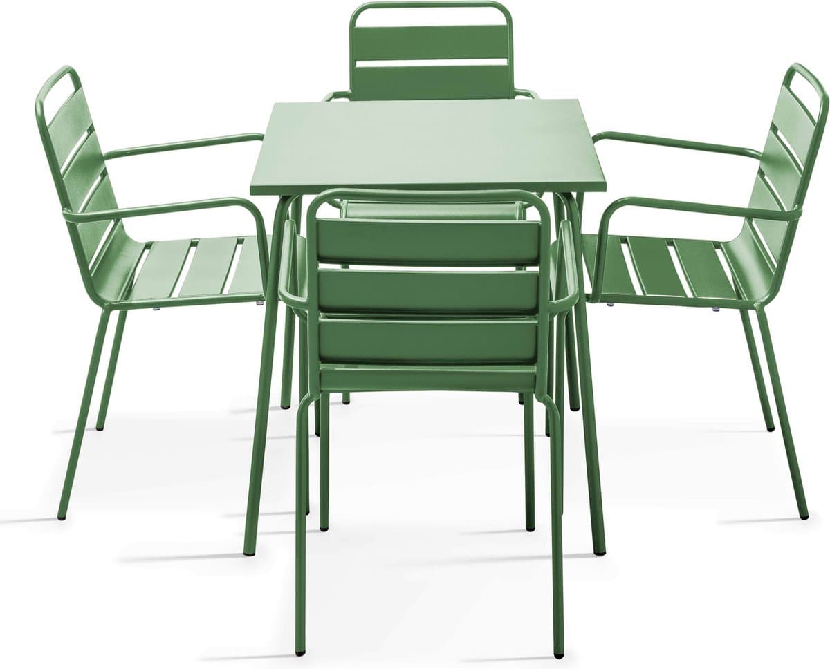 Oviala - Set van een vierkante tuin tafel en 4 fauteuils van groen cactus staal - Palavas