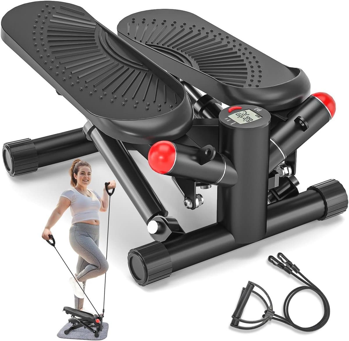 2-in-1 Stepper voor Thuis met Power Ropes - Stille Mini-Stepper tot 150 kg met LCD-Monitor voor Effectieve Aërobe Training
