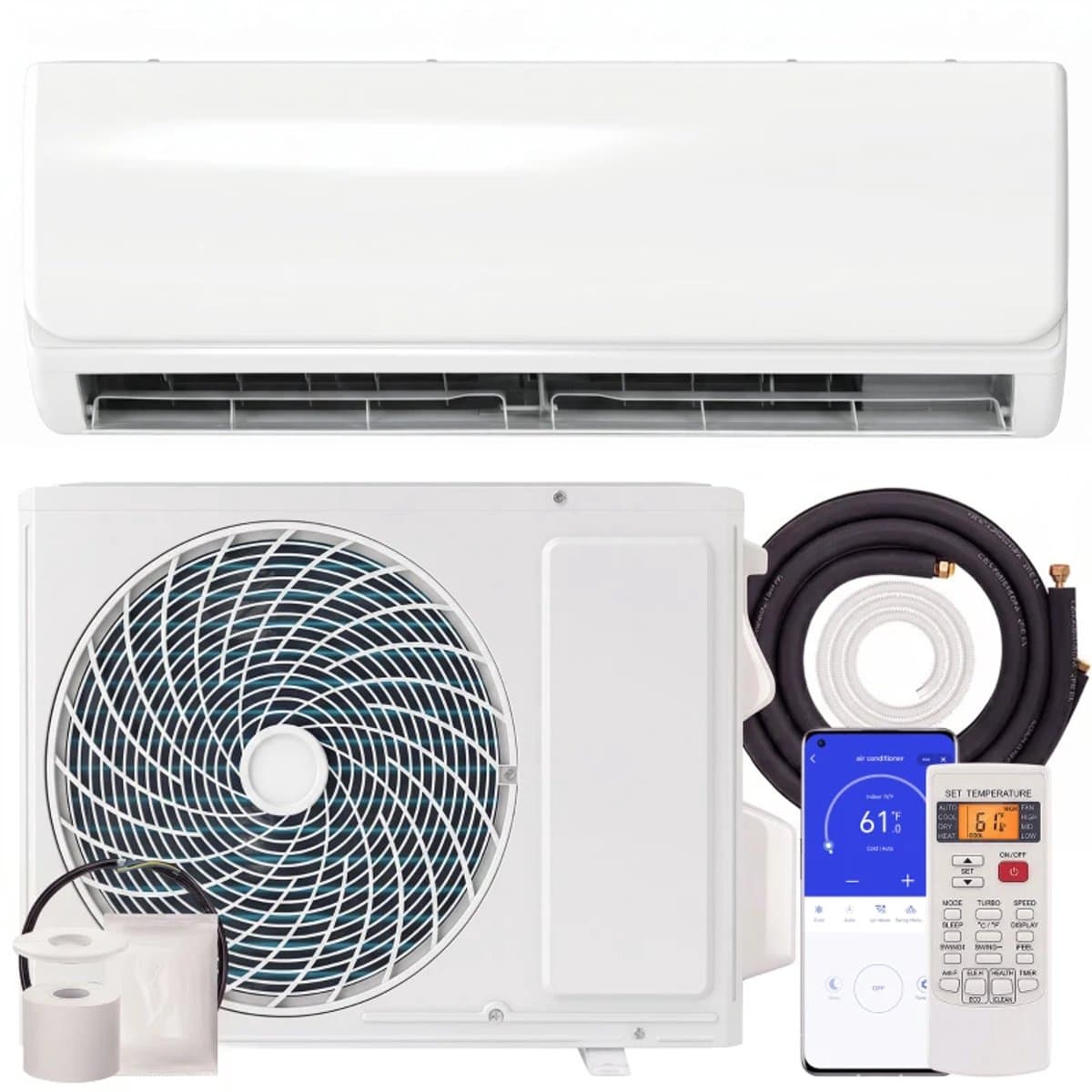 4-in-1 Mini-split Airco & Warmtepomp - Wifi-compatibele Inverter Airconditioner - 4-in-1 Koelen, Verwarmings, Ontvochtiger, Ventilator - voor 13 m² - met Afstandsbediening, LED-Display & Timer - 9000 BTU - Wit