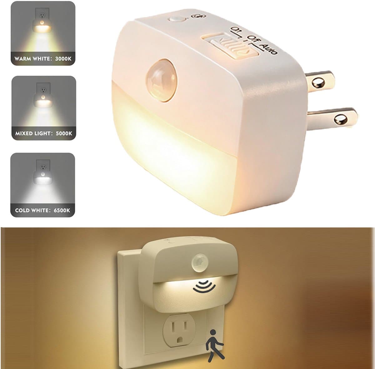 Bewegingssensor nachtlampje 1 stuk - Insteeklamp met stapelloze dimmer (10-30Lm) - 3 lichtstanden: warmwit/koudwit/menglicht - Auto aan/uit sensor voor slaapkamer, toilet, hal en keuken