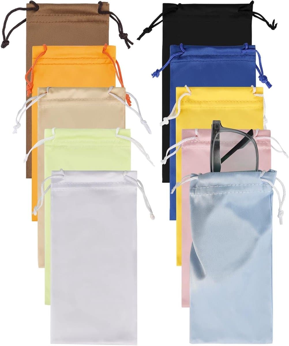 Set van 10 Microfiber Brillenhoezen in Diverse Kleuren, Zachte Trekkoord Tassen voor Zonnebrillen en Optische Brillen, Ideaal voor Reizen en Opbergen