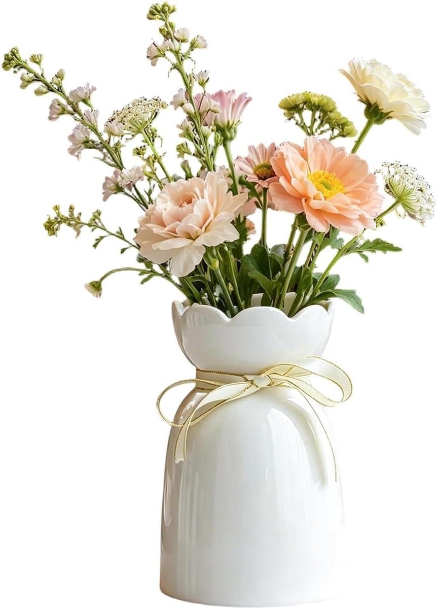 Keramische Vaas - Decoratieve Pot - Bloemen Presenteren - Strak Wit Design - 9x10x9 cm - Wit