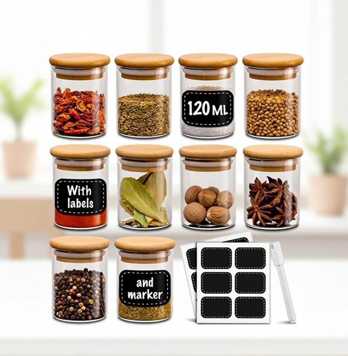 ElleMooi Set van 10 luchtdichte kruidenpotjes 120 ml - glazen potjes met bamboe deksels, etiketten en pen - vaatwasmachinebestendig - voor specerijen en keukenorganisatie
