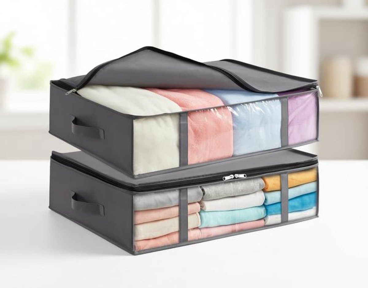 ElleMooi 2-pack Opvouwbare Opbergboxen 40L voor Onder het Bed - Kastorganizers met Doorzichtig Venster voor Kleding, Handdoeken en Dekens - Grijs