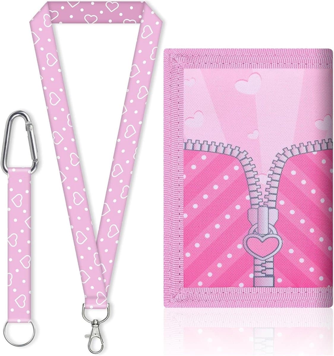 Meisjesportemonnee met Lanyard, Drievoudig Vouwsysteem, Ideaal voor Kinderen, Roze, Trendy, Handig en Compact