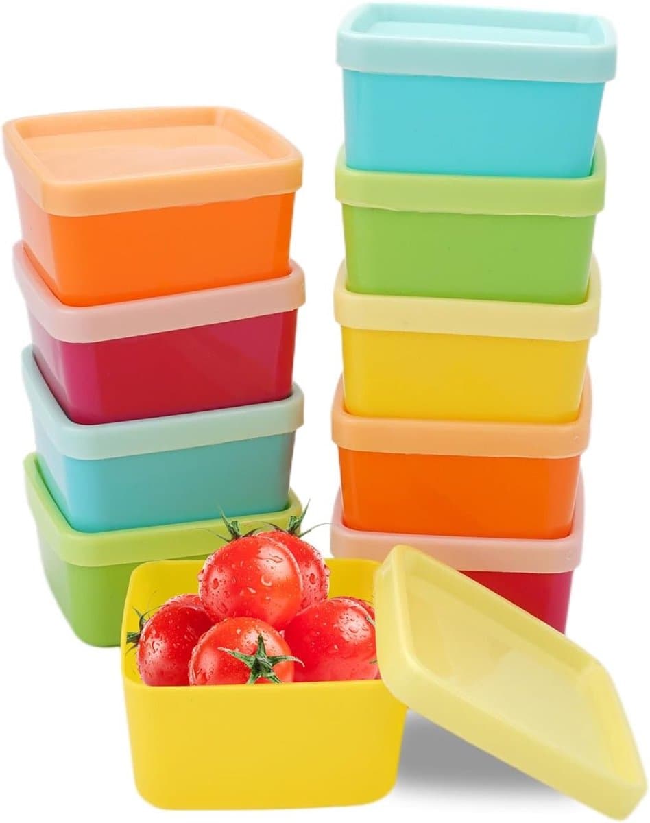 Allecto Plus - 10 stuks Kleine Doosjes met Deksel 6.5 x 6.5 x 3.5 cm - Mini Opbergdoosjes - Vriezer Plastic Container voor Snacks Fruit Kruiden Sausjes - 5 Kleuren