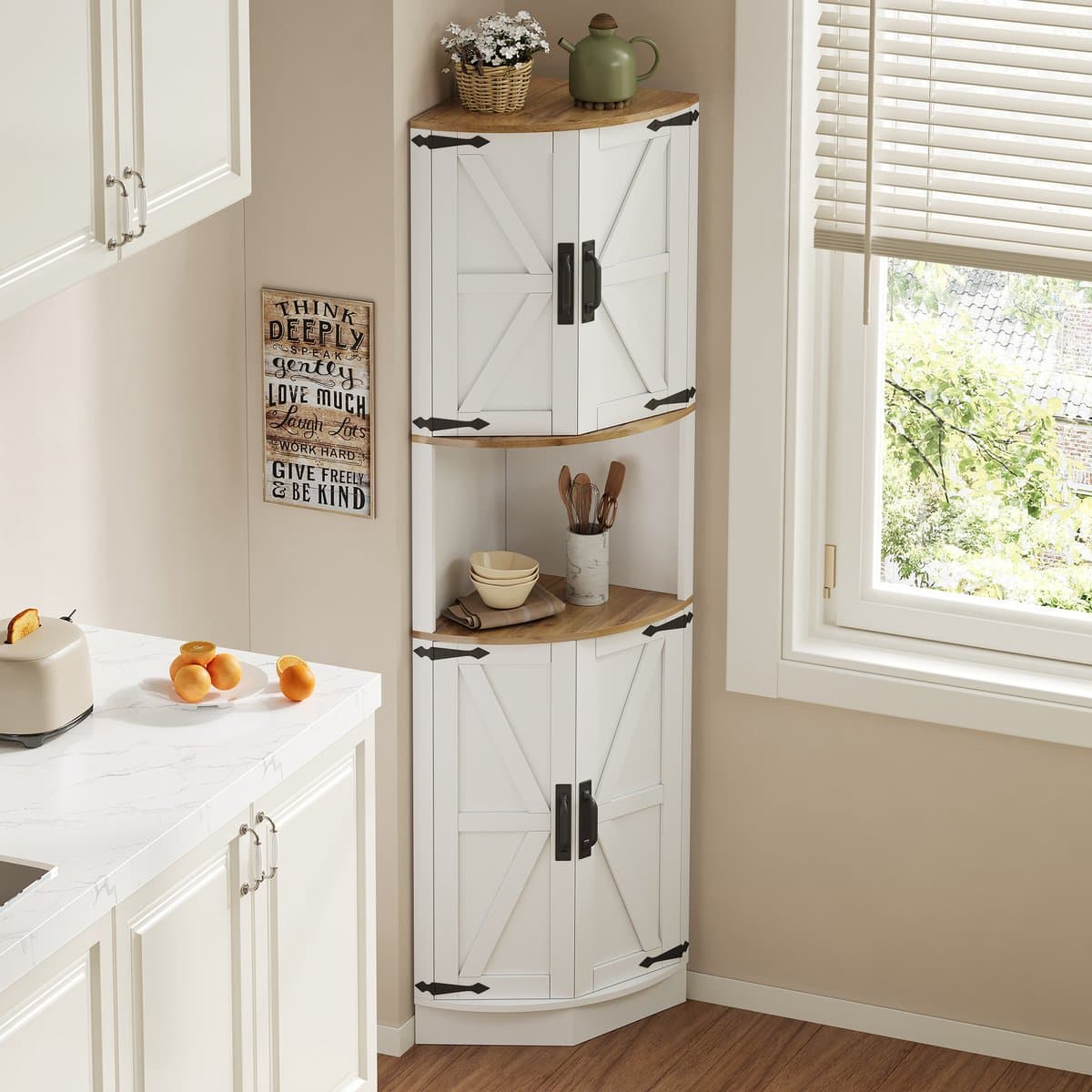 Highboard - 39,5×39,5×180 cm - Hoek Highboard 5 Vakken - Vintage Stijl, Ruimtebesparend, Anti-Kantel - Hout - Wit