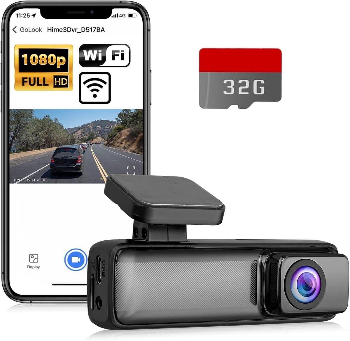 eSynic HD Dash Cam 1080P Wide Angle 160° WiFi Control, Dashcam Front Camera with 32GB SD Card Supports G-Sensor Night Vision, Car Recorder with Parking Mode for Car