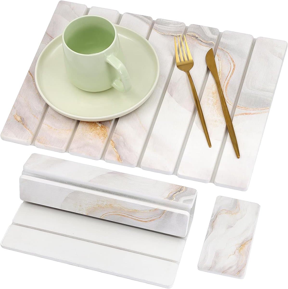 Afdruipmat servies 40 x 30 cm, afdruipmat steen van kiezelgoer, steenmat keuken, waterabsorberend, sneldrogend (wit-goud met zeepbak)