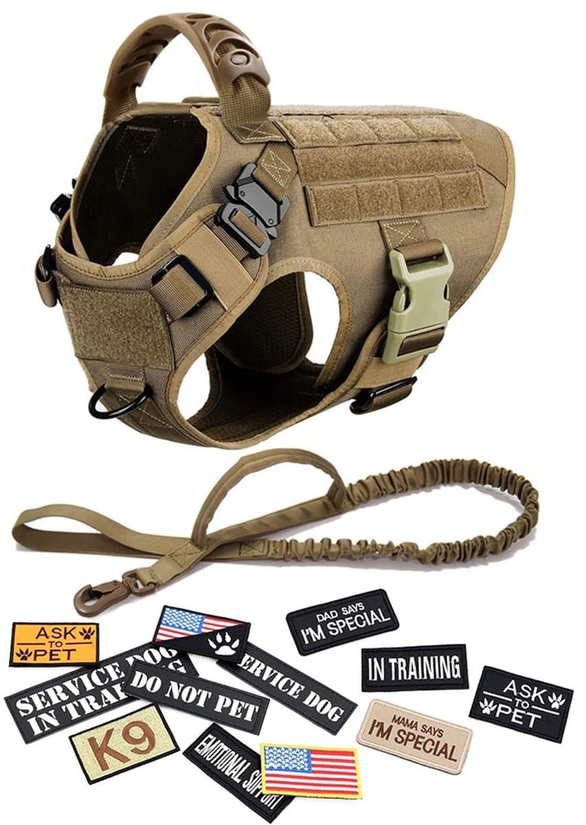 DreamPawz - Hondenharnas Set - Tactical Honden Tuigje met Leiband & 12 Patches - K9 - Beige - Anti-Trek Harnas - Extra Controle - XL