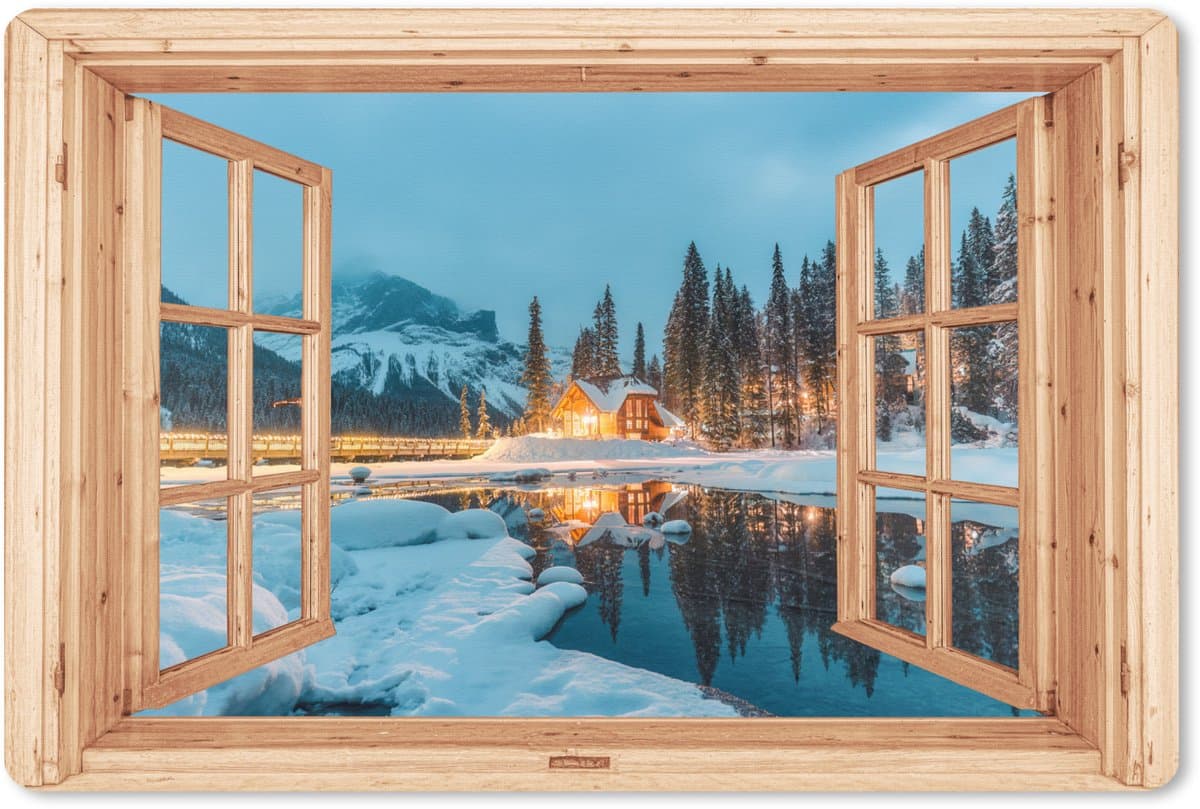 Muismat XXL 120x80 cm - Bureau onderlegger - Bureau mat Winterlandschap - Natuur - Huis - Bergen - Doorkijk - Raam - Bureaumat - Gaming mousepad xl - Bureaulegger groot - Computer deskmat