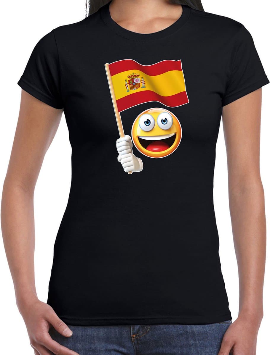 Spanje emoticon t-shirt met Spaanse vlag - zwart - dames - Spanje fan / supporter shirt - EK / WK XL