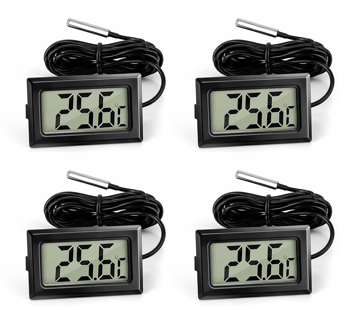 4 stuks digitale lcd-thermometer, zwarte temperatuurmonitor met externe sonde, mini-temperatuurweergave, thermometer met sensor voor koelkast, vriezer, aquarium